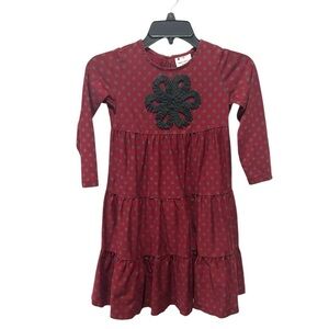 Hanna Anderson maroon gray polka dot long sleeve girls tiered dress size 6-7